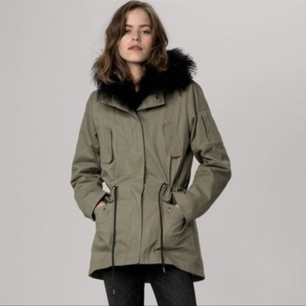 Maje Gondry Parka w/ Mongolian Lamb Wool & Faux Fur Trim Army Olive Black Small
